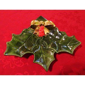 Vintage Ceramic Holly Serving Dish mcm Christmas candy dish retro 1970s